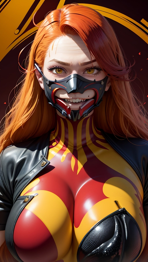 Burgundy red and yellow symbiote, ((hair-raising symbiote)), ((burgundy red and yellow symbiote goo)), (((burgundy red long hair with yellow strands))), ((red and yellow symbiote suit)), (yellow strands), (((((symbiote goo face))))), (((((symbiote goo hair))), ((((symbiote face mask))))