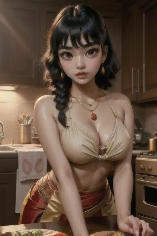 a oil painting of,nana komatsu,wearing indian seri,all-fours,in the kitchen,natural breasts,five slender fingers,fishtail hair,charming face,beautiful lips,detailed large eyes,curved eyebrows,cosy,wearing necklace,cgsociety,cinematic lighting,surreal,editorial,professional