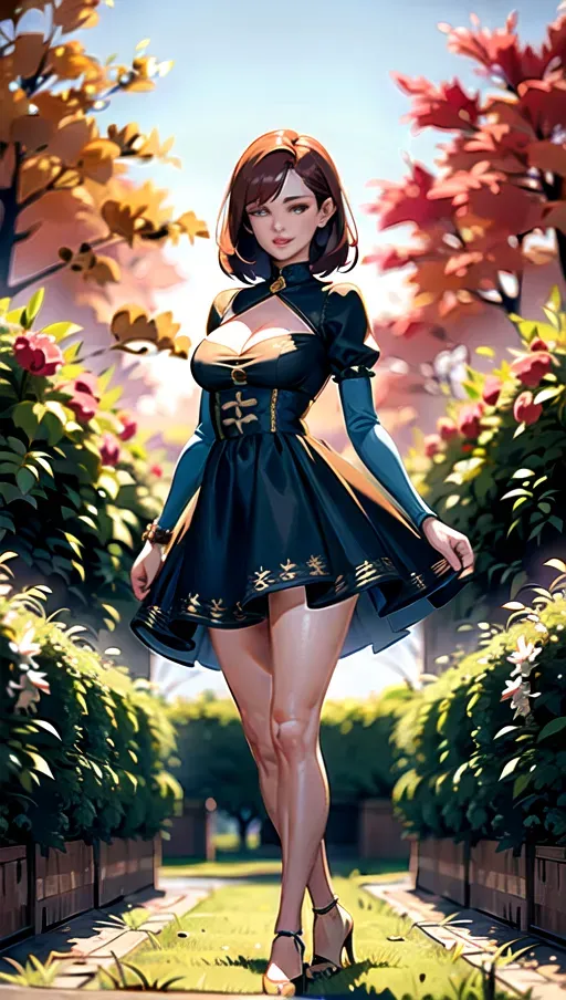 8k high detail, masterpiece, best quality, detailed background, garden, autumn, golden hour, natural light, full body photo of, 1girl, beautiful, slim figure, long slender legs, medium breasts, short auburn hair, detailed brown eyes, beautiful lips, short tight powder-blue dress, cleavage, standing