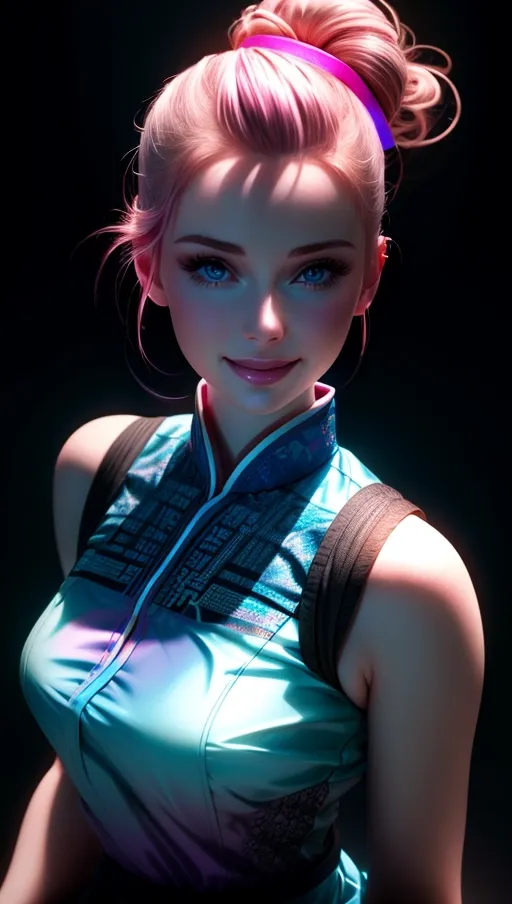 (Best quality), high quality (photo_realistic:1.2) hyperreal, (a sexy close up portrait of a woman posing expressively in a saturated neon light studio), (hairbun, black qi pao:1.2),
(Correct anatomy), Toned and slender, (detailed front view of face looking at viewer with happy expression:1.17), beautiful detailed lips smiling with mouth open,
(Vibrant gradient pink to blue effect background, silhouette:1.2), hyperrealistic sweaty pale skin, five high quality slender fingers,
a close up portrait of woman in a playful erotic pose, soft focus, <lora:dpmg_add_detail:0.75>, (amateur photography:1.15), (high resolution masterpiece, dark contrast:1.35), anime-like, bad photography, bad lighting,