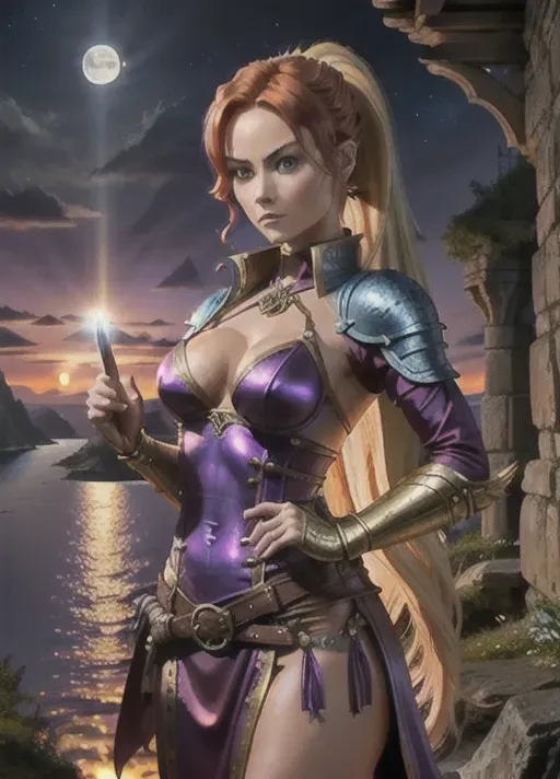 High fantasy, Dungeons and Dragons, two sexy young women in purple and blue armor, knee long skirt, high leather boots, medium breasts, abs and cleavage, toned and slim body, slender arms and legs, small ass, erect nipples, midrif, narrow waist, sensual expression, sharp features, very beautiful, detailed face, detailed eyes, arched eyebrows, sexual poseholding sword in one hand, pointing towards horizon, the ewomen are Olivia Wilde (long blonde hair in ponytail) and Dina Meyer (short red hair),
castle on a cliff next to a lake in the background, forest, full moon, moon light, romantic setting,
ultra High Resolution digital rendering,
two arms, two hands, five fingers, detailed fingers, two legs, two feet, use correct hair colour, check continuity of arms and hands, check face geometry,