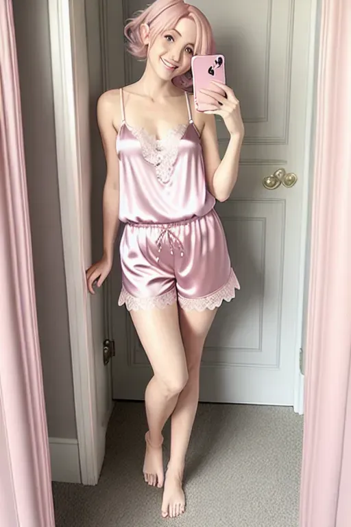 Best quality, Bell Delphine, standing in doorway, satin camisole and shorts, sexy, real Bell Delphine, lace, pink hair, smile, cellphone, pajamas,