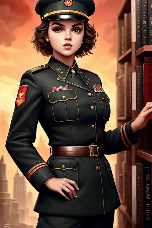 a digital art of,Camren Bicondova,wearing soviet uniform,standing,at the bookstore,ultra big breasts,five fingers per hand,fishtail hair,charming face,beautiful lips,black eyes,curved eyebrows,textured skin,joyful,tattoo,bokeh,artstation,highly detailed,surreal,smooth