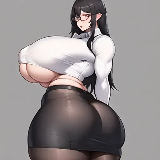 nervous, ((massive boobs)), black hair, glasses, skirt rolled up, black thong, ((massive ass)), thick thighs, ripped clothes, white shirt, chubby