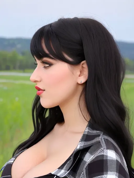 Gorgeous young Albanian woman, photo cute attractive young face, large wide doe eyes, light colored eyes, big plump lips, huge gigantic boobs, (gigantic tits), raven-black hair, bangs, sexy, thin, slim waist, farm outfit, tight flannel shirt, side profile view, photorealistic, best quality, ultra high resolution