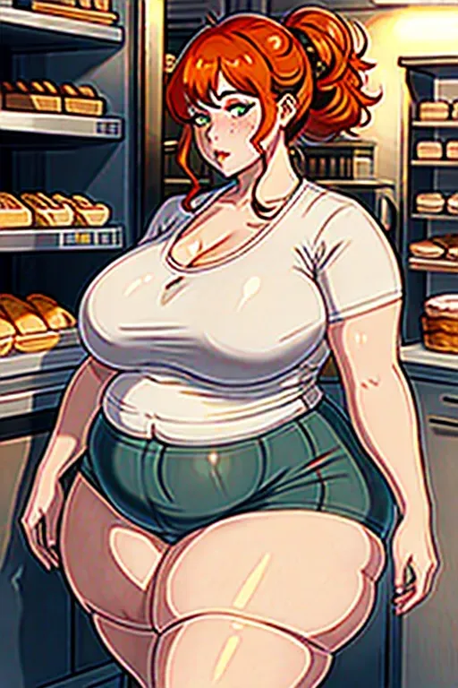 a photo shot of, an ssbbw girl, beer belly, mom bod, huge mom bod, fat mom bod, bloated, fat gut, huge gut, stuffed gut, swollen gut, huge stomach, giant beer belly, blushing, stuffed belly, chubby cheeks, thick neck, fattest girl, huge breasts, large belly, huge belly, fat belly, fat rolls, giant belly, double chin, chubby, huge thighs, fat thighs, giant thighs, massive thighs, thicc thighs, muffintop, huge muffintop, fat muffintop, spare tire, thicc, five fingers per hand, messy hair, orange hair, curly hair, messy bun hairstyle, wide hips, weight gain, feederism, freckles, green eyes, pale skin, mean face, smooth, pixiv, highly detailed, surreal, sharp focus, full body, fat arms, huge arms, extra large hips, extra large waist, casual clothes, jeans, in a bakery