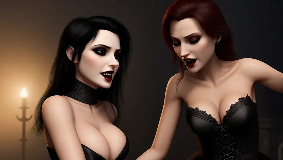 two figures in a dark and foggy goth club. An evil sexy sensual slightly taller dominant female black straight haired vampire with a wide toothy predatory smile, taking her human victim in her arms caressing sexually arching over as she bites the neck of her victim
fearful and seeking to escape, Innocent, good girl with light reddish-auburn gentle wavy hair, light make-up, good girl mid-twenties Anna of Arendelle, entranced lips agape in horror, eyes half closed in a modest elegant soft green Nordic ballgown.
photorealistic. High resolution