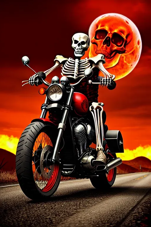realistic skeleton, accurate bones, riding motorcycle, spiked wheels, fire road, apocalyptic background, red sky, black clouds, blood moon, spiked shoulder pads, realistic skull, high quality
