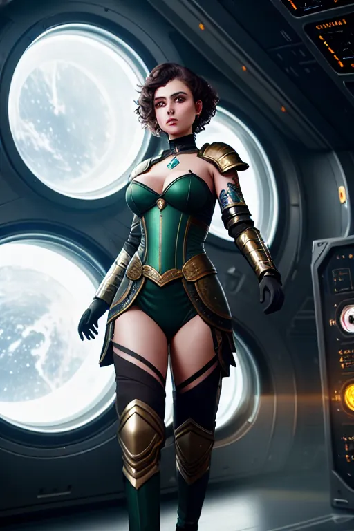 a photograph of,an ukrainian girl,wearing medieval armor,walking,in the space station,big breasts,five fingers per hand,short thick hair,gorgeous face,beautiful lips,green eyes,curved eyebrows,joyful,tattoo,artstation,highly detailed,bokeh,unreal engine,studio lighting
