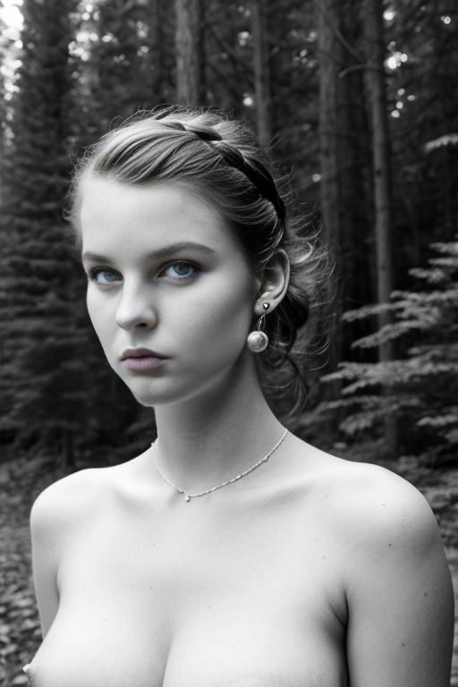 Teen girl with french braid has black and white naked senior pics taken in nature. Pictures from long distance away. C cup nice round boobs. Far away. Black stud earrings
