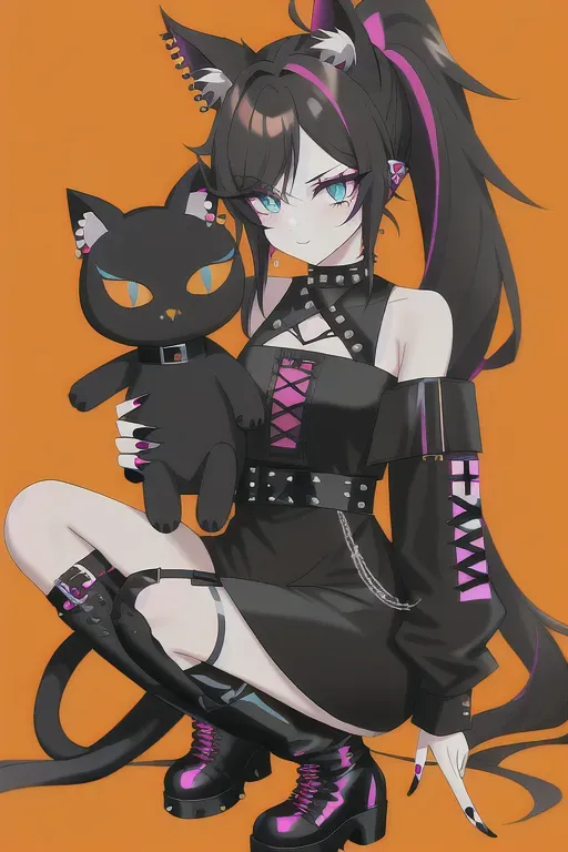perfect quality, emo girl, with a orange cat in her arms, black medium hair, 2 ponytail hair, long black socks, eyeliner, black nails, blue eyes, studded belt, headphones with cat ears, black and pink gothic emo dress, black gothic boots, piercing labret,