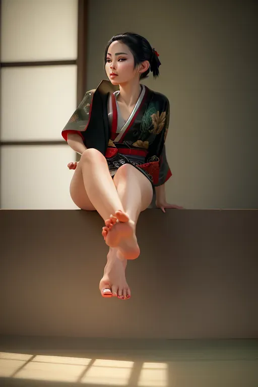 1girl , feudal japan , edo period , night , japanese , highres , short hair, dark hair, black hair, green eyes , almond shaped eyes , thin lips , parted lips, solo, ((masterpiece)),photo referenced::5, pale skin, tenchu, kunoichi, professional, ultra high res, kuugire, stealth, soft feminine facial features, button nose, 25 years old, seductive look, arrogant look, sinister look, detailed face, detailed eyes, dark kimono, feet, foot, toes, toe, underwear, panties,