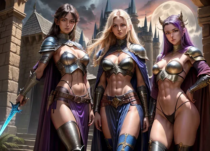 High fantasy setting (Dungeons and Dragons), three young warrior women guarding a castle gate, wearing purple and blue armour, long cape, skirt to knees, high leather boots, medium natural breasts with large cleavage, toned and slim body, abs, slender arms and legs, small ass, exposed midrif, narrow waist, sensual expression, sharp features, very beautiful face, sexy pose, holding dagger or sword in one hand, looking at the viewer, sensual and very confident smile,
closed castle gate, full moon, moon light,
two arms, two hands, five fingers, detailed fingers, two legs, two feet, check number of hands, remove extra hands, check finger congfiguration,
best quality, <lora:dpmg_add_detail:0.8>, vivid colors, cinematic composition, artificial light, UHD, HDR, highest quality, highest resolution, (photorealist), (photorealism), (masterpiece:0.8)
