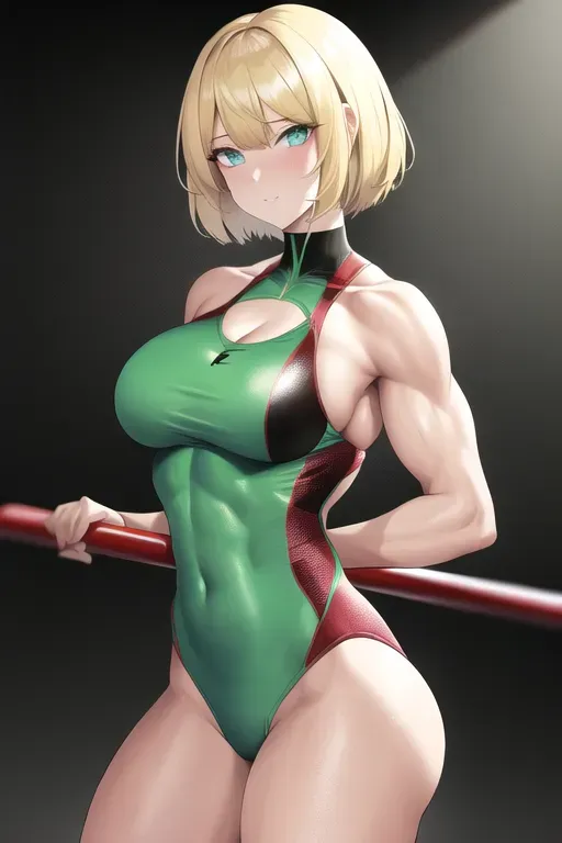 Bodybuilder girl with blonde Bobcut and green eyes with a wrestling gear