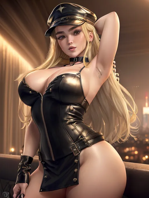 realistic HD photograph ((wide shot)), (((Florence Pugh)))((((accurate face)))),(((as a femdom dominatrix prostitute)))(((standing in a penthouse apartment overlooking a city late at night)))(((looking down at POV))), (((wearing a leather choker collar with ring)))(((wearing leather cosplay lingerie)))(((holding a riding crop)))((((wearing a brimmed leather bikers cap))))(((BDSM)))((cruel mischievous facial expression))(((evil grin))),(((very long wispy layered haircut)))(((blonde))), ((very sexy pose)),(((perky breasts))),(((stocky athletic body))), five slender fingers, beautiful face, beautiful lips,detailed large eyes,curved eyebrows,cgsociety,cinematic lighting,studio lighting,professional,editorial, (photorealism:1.5)