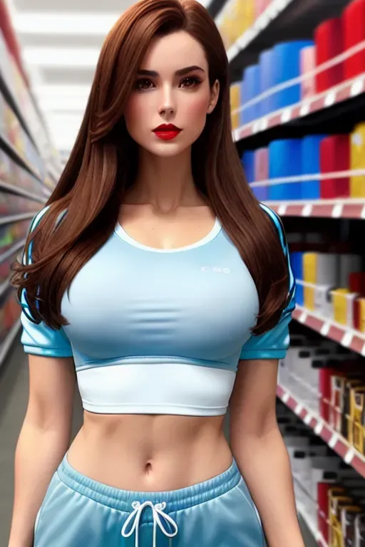 a full length, photorealistic image of a beautiful, graceful, woman looking at the shelves of paint in the aisle of a hardware store, standing on tip toes, wearing (loose pale blue tracksuit bottoms), white trainers, and a very tight, scoop neck, (blue) ((semi-transparent)), ((tshirt)) ((t shirt bra showing through)) with perfectly outlined, huge natural breasts, thin waist, short torso, wide hips, five slender fingers,beautiful face,beautiful red lips,brown straight dark brown hair to her shoulders, curved eyebrows,smooth skin,cinematic lighting,sharp focus,cgsociety,ultra realistic,editorial