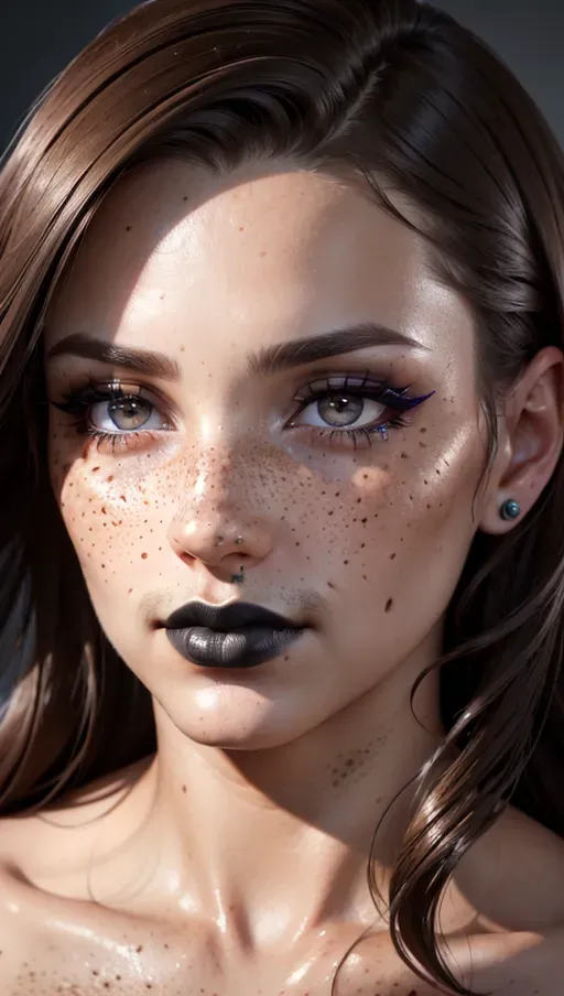 photorealistic, 8k, accurate face, (((detailed face))), (((replicate inspiration face))), freckles, black lipstick, brown hair, grey eyes,