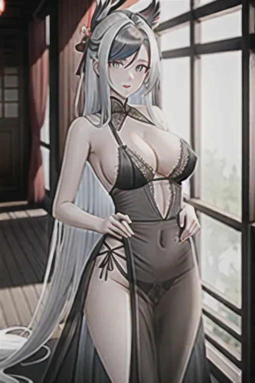 shenhe from genshin impact in a sheer black gown walking naked through a chinese garden, naked, beautiful, serene, beautiful lips, detailed large eyes, curved eyebrows, textured skin, pixiv, ultra realistic, cinematic lighting, smooth, sharp focus, skinny, 30, (german:1.2), (chinese:1) blue eyes, (white hair:1.2), long hair, (shenhe:1.2), nsfw, see-through dress, realistic hair, long single braid, nighttime, no panties, (realistic vagina:0.8), blue eyes, blue pupils, (asymmetrical part:1.2), asymmetrical bangs, (asymmetrical hair:1.4), flowing hair, <lora:dpmg_black_see_through:0.6>, 1girl, hair across face, shenhe hairstyle, feather hair clip, (exposed vagina:1.4), bottomless, black stockings, side parting, deep side parting, black red and white color scheme