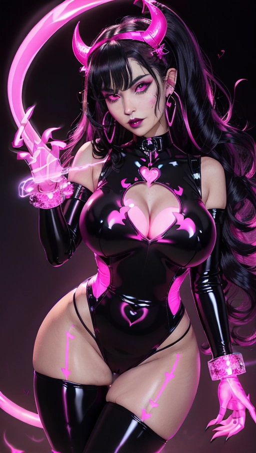 best quality, (((ultra high res))), (((detailed face and eyes))), (perfect face), (big shining heart choker), earrings, jewelry, (((big glowing succubus mark))), ((((big glowing succubus bodymark)))), (((conjuring))), (witch), ((long voluminous hair)), (((latex gloves))), ((black hair)), (((golden bracelet))), (((huge hair cuff))), (((pink skintight neckholder dress))), (((pink glowing dress))), ((face closeup)), (lipstick), (((neckholder))), ((((demon tail)))), ((black long sleeves)), ((purple glowing heart)), (((big cameltoe))), (((demon mark))), heart on womb, (((((bright pink glowing skin tone))))), (((straight black hair))), ((pink glowing clothes)), ((huge boobs)), ((luminescent))