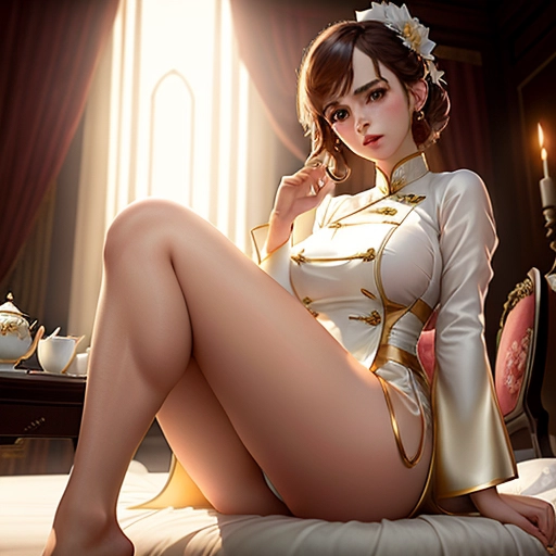 a photograph of emma watson,wearing white ao dai,on the bed,in a tea party,big breasts,five slender fingers,gorgeous face,beautiful lips,brown eyes,curved eyebrows,curved eyelid,smooth skin,joyful,wearing golden ring,cinematic lighting,unreal engine,ultra realistic,studio lighting,cgsociety, no bra, opening legs, stocks