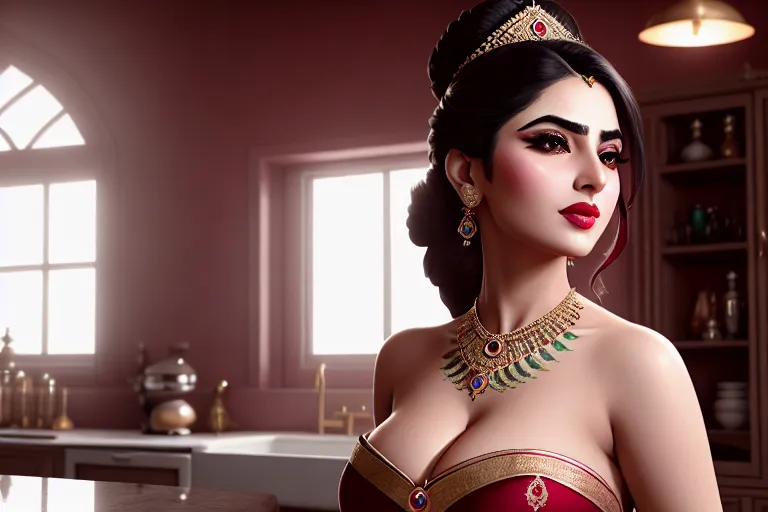 a photograph of,a pakistan girl,wearing empress dress,touching breasts,in the kitchen,big breasts,five fingers per hand,fishtail hair,gorgeous face,beautiful lips,curved eyebrows,curved eyelid,pale skin,joyful,tattoo,highly detailed,cgsociety,surreal,sharp focus,cinematic lighting