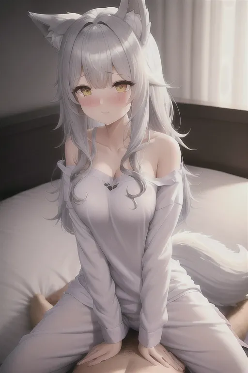 a girl riding her boyfriend., 1boy, 1girl, comfort, cute couple, fluffy wolf ears, fluffy wolf tail, in bed, detailed background, pajamas, girl is wearing nightdress, shoulders, boy is wearing a sport shirt, boy has wolf ears and wolf tail too, pussy exposed, penis penetrates her pussy, wet, embarrassed,