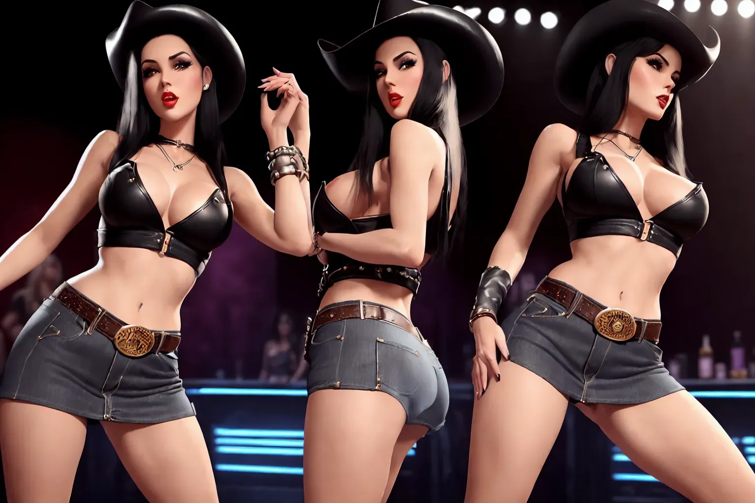 a high definition (wide shot) (full body shot) photograph of single woman (REALISTIC accurate Billie Eilish)(serving the black new world order),(dancing in a hiphop club), (tinny accurate cowgirl hat)(unbuttoned denim vest)()(cowgirl belt)(cowgirl boots)(no bra)(crotchless leather pants)(no panties)(maximum exposure)(exposed breasts)(exposed vagina)(exposed ass),(Sly)(lascivious)(smirking),(accurate face),(pinup art),(sexy active pose)(upskirt), (slender build)(Athletic Build)(skinny)(thin)(perfect tight ass), (very small breasts), five slender fingers, (long straight sleek blunt hairstyle)(bangs)(black hair), beautiful face, beautiful lips, detailed eyes, curved eyebrows, cinematic lighting, studio lighting, professional, editorial