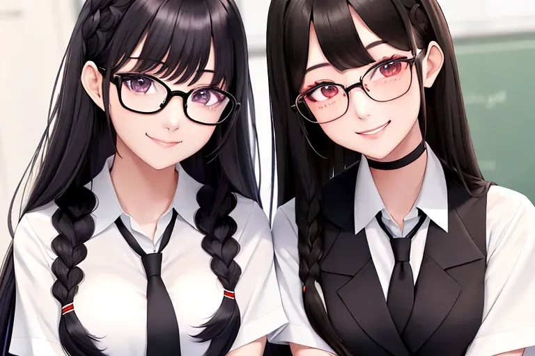 Two girls, long hair, looking at viewer, black hair, brown eyes, smile, blurry foreground, school_uniform, asian_race, twin_braids, glasses, black_choker, pretty_girls, slutty, blushing, cum_on_face.