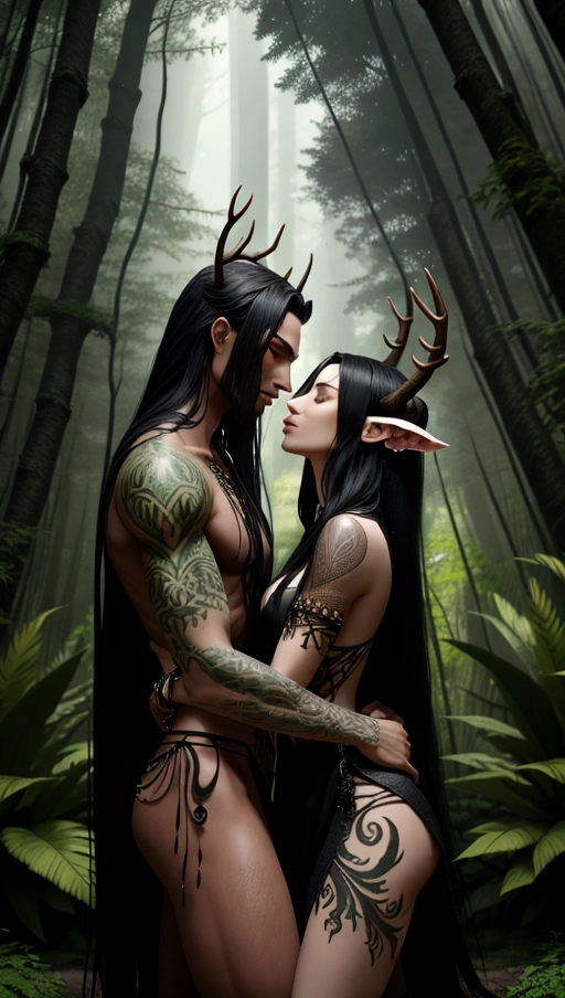 Create a detailed fantasy scene set in a lush forest with three characters, Two female characters, adorned with tribal tattoos and minimal clothing, are in an intimate and passionate embrace, One female character has long black hair and green tattoos, while the other has long black hair with glowing symbols. The third character, a male with dark skin, antler-like horns, and tribal jewelry, watches them closely, the atmosphere is sensual and intense, with the forests greenery and light filtering through the leaves in the background