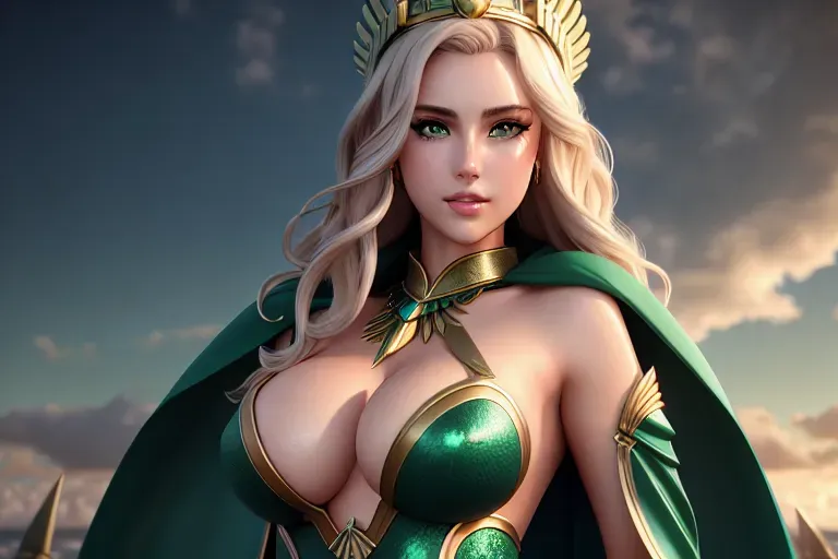 atlantis goddess, Big natural breasts showing nipples, gorgeous face, beautiful lips, green eyes, textured skin, surreal, pixiv, sharp focus, cgsociety, professional, Big Ass, Glossy Lips, Full Body Photo, Blender Render, Realistic, Well Drawn Eyes, Glossy Lips, blushing, 1girl, detailed eyes, cape