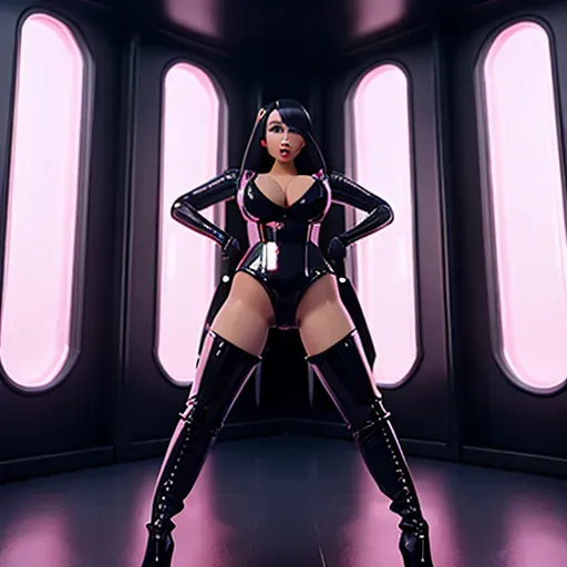 a photo shot of a rubber doll, full body covered in latex, high heel boots, Busty hourglass figure, rubber nipples, all-fours,in a rubber clad room, detailed, 4k,sharp focus,unreal engine,surreal