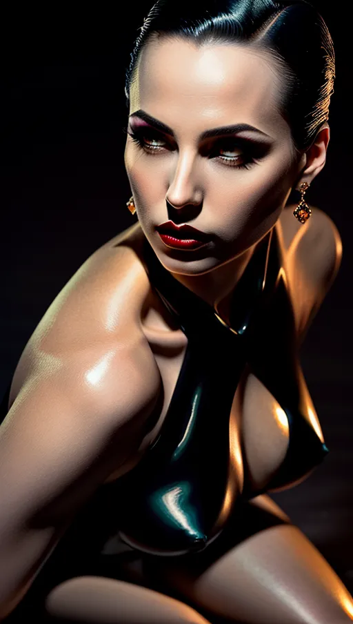 Dimly lit jazz club, enigmatic young woman, late night, Velvety Skin with Dark, Mysterious Eyes, a Defined Nose, and Sultry Lips, Slicked Back Hair, intriguing glance, allure and mystery, kneeling, (dramatic close-up from a very high angle)