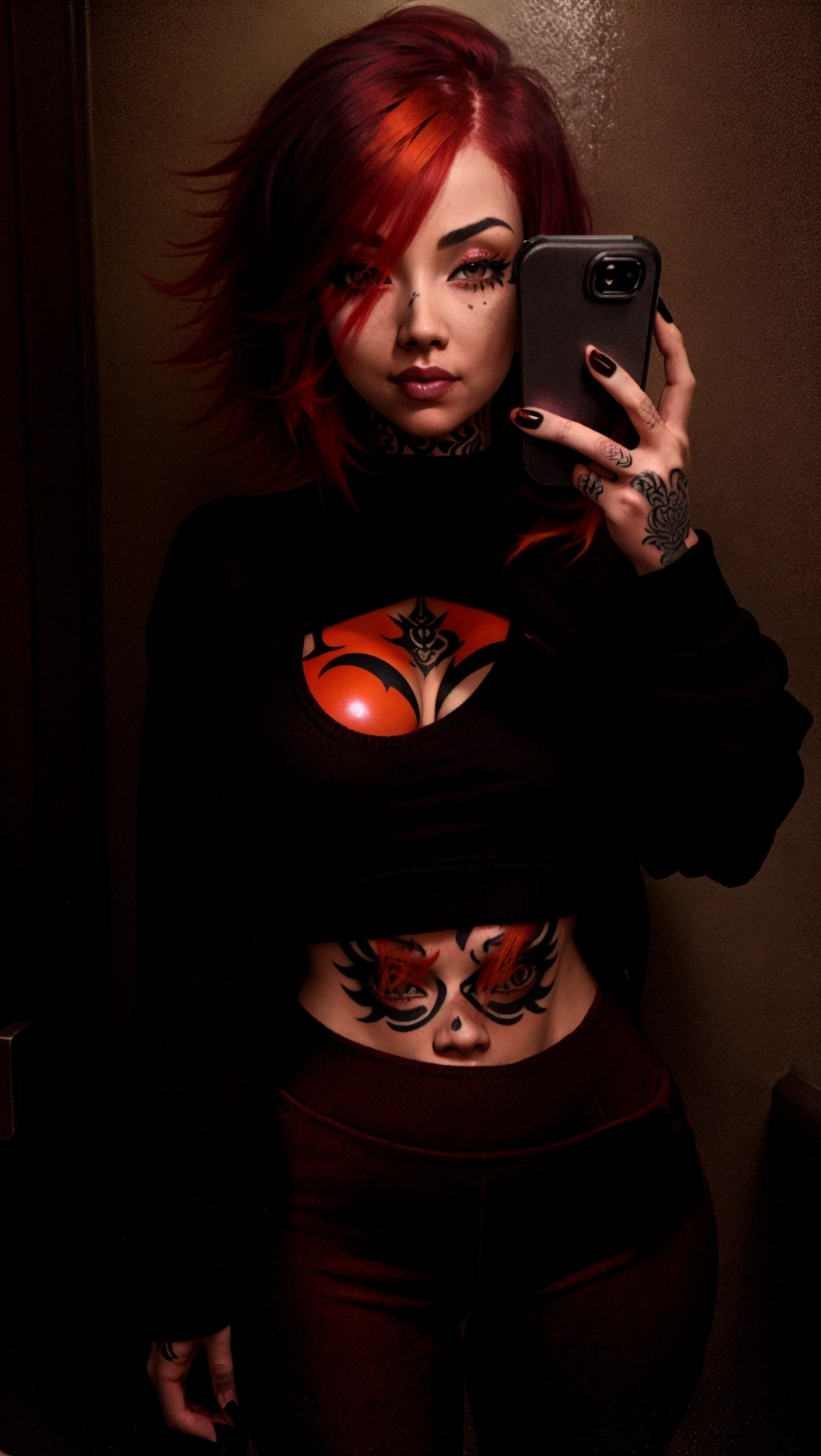 Woman with fiery red and orange emo hair, standing in the bathroom holding a phone, low cut Gray t shirt, yoga pants, black sweater, chest tattoo, medium breast, mascara, eyeliner, bright room, fully lit up picture, extra detailed