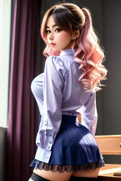 a photograph of a western girl, secretery, lacy thigh highs, blazer,leaning on the desk,amazing ass,short skirt, dress shirt, five slender fingers,wavy pink hair,beautiful face,huge cameltoe, beautiful lips,blue eyes,curved eyebrows,smooth skin,satisfaction,upskirt view,editorial,pixiv,highly detailed,professional