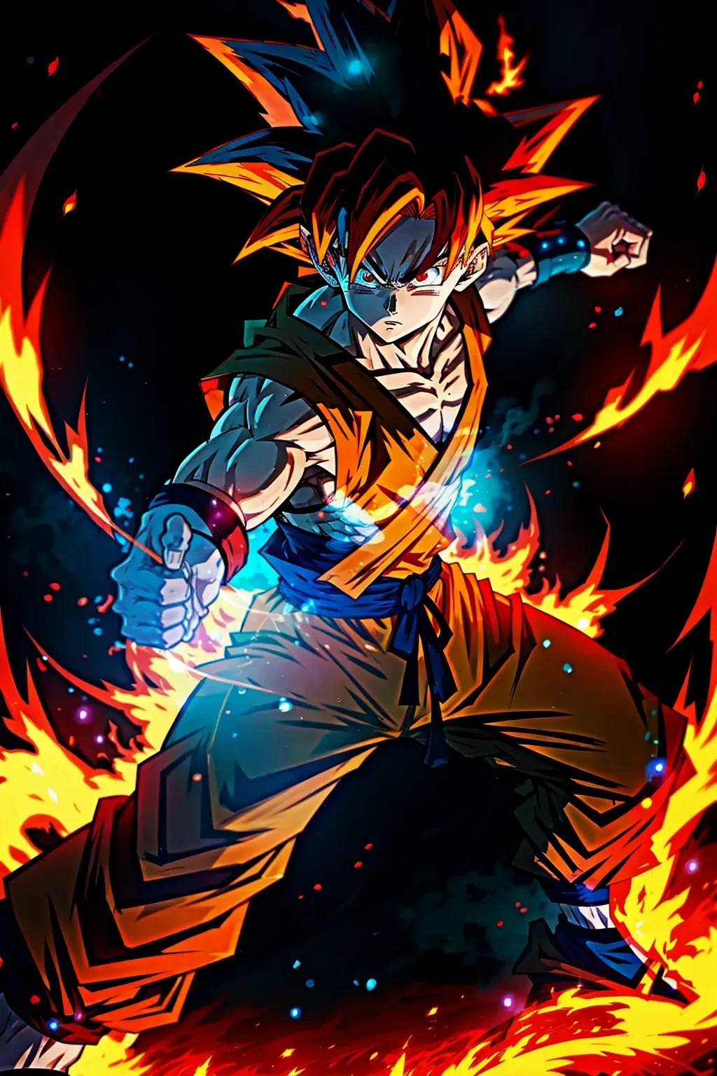 Goku, red hair, anime, male, 8k wallpaper, best quality, detailed eyes, ultra hd, global lighting, hi-resolution, high quality, fighting pose, flames in the background