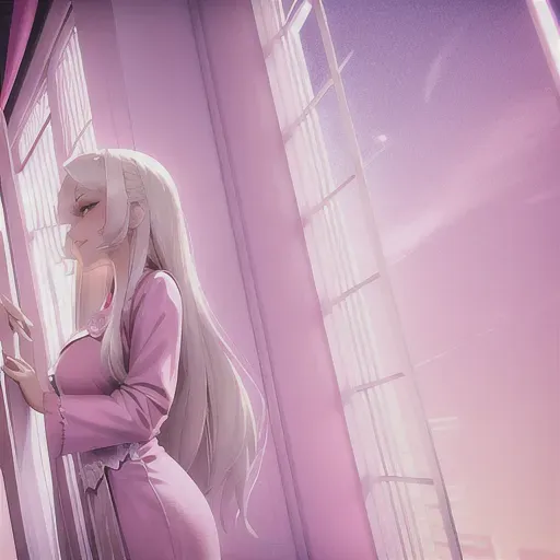 a digital painting of a platinum blonde woman with a disney face wearing an all pink outfit on pink satin sheets in front of a big window overlooking the city sky