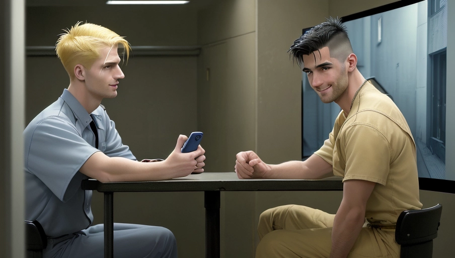 ((2 men)), 9k, top quality, masterpiece, ((photorealistic)) a handsome thin but lean dirty-blond man in an apartment is talking to a dark haired inmate with a very short modern haircut in prison on the tv, an image of a handsome thirty something male with dirty blond hair and blue eyes who is sitting cross legged on a navy colored sectional dressed in the latest louis vuitton collection. He is having a video call on his big screen TV in a chic downtown apartment. The dark-haired inmate on the TV is currently in jail and holding a phone up to his ear while he looks into a tiny screen on the wall. The handsome dark haired inmate on the tv has dark hair and dark eyes. He is 30 years old with short almost buzzed haircut. The inmate on the tv with dark hair is dressed in prison clothing. Both are smiling and happy. blond man in apartment is talking to tv. dark haired inmate is on the tv screen. the two men are in different places.
