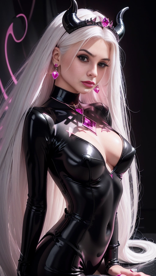 best quality, (((ultra high res))), (((detailed face and eyes))), ((perfect face)), (big shining heart choker), earrings, jewelry, (conjuring), witch, ((very long voluminous hair)), ((((white hair)))), ((((black skintight neckholder)))), ((((pink lipstick)))), ((black long sleeves)), ((glowing heart)), (((demon mark))), ((((straight hair)))), (((Kylie Jenner))), (((((very very long hair))))), (((perfect face and eyes))), (((straight hair))), (black latex suit), ((succubus)), hearts, dark background, (((face closeup))), ((((pink diamond diadem)))), (black demon horns), (((jewelry diadem)))