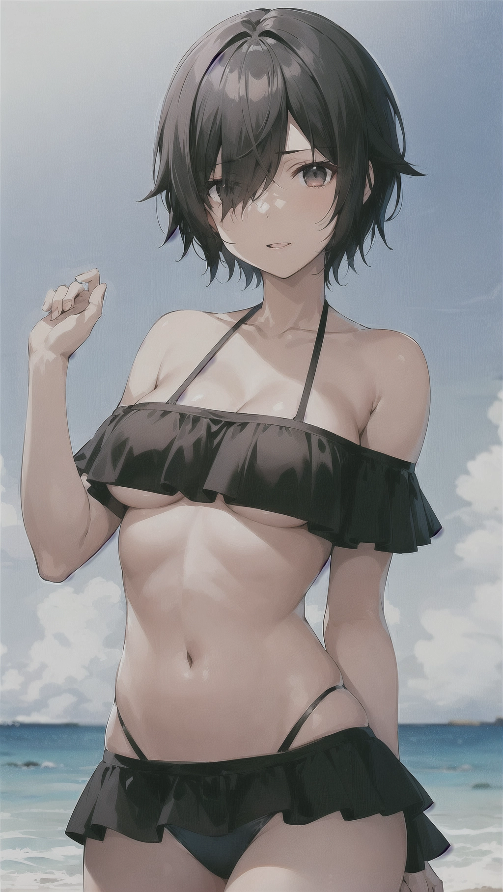main character, a female, short black hair, hair covering one eye, small boobs, in a bikini, at the beach, close up