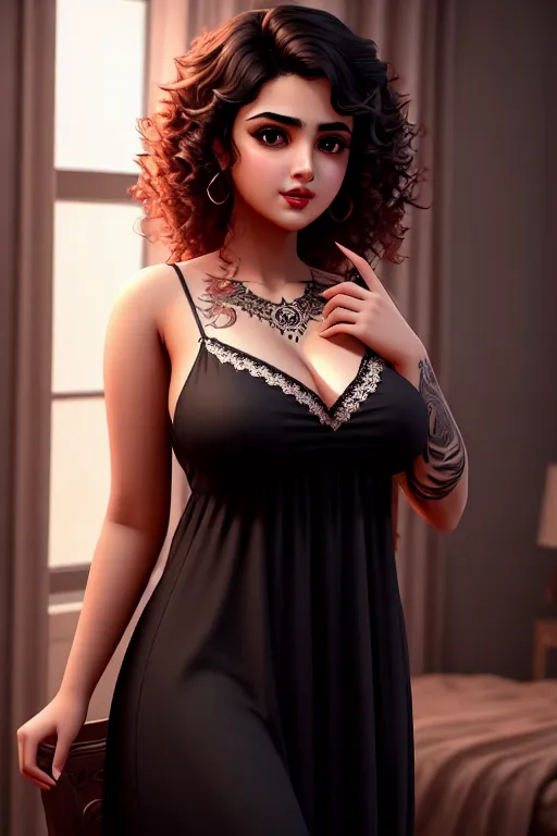 a digital art of,a pakistan girl,wearing nightgown,standing,indoor,big breasts,five slender fingers,curly hair,charming face,beautiful lips,black eyes,curved eyebrows,smooth skin,joyful,tattoo,artstation,smooth,bokeh,editorial,8k
