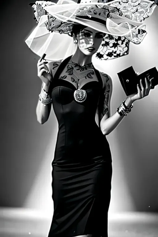 Fashion model in a tight dress and a hat with a veil holding a cigarette, black and white photo e