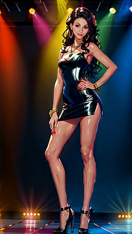 (((Full body view))), alone in a nightclub, bright and colourful background, A ((very tall tallest)) stunning svelte brunette happy young supermodel wearing a black minidress, black stilettos, dark background, spotlight, tanned, earrings, necklace, bracelets, (hair ribbons) very long straightened hair, (((very long longest legs))), muscles, fit and toned, makeup, eyelashes, eyeshadow, mascara, (lipstick), blusher, smiling, flowers in hair