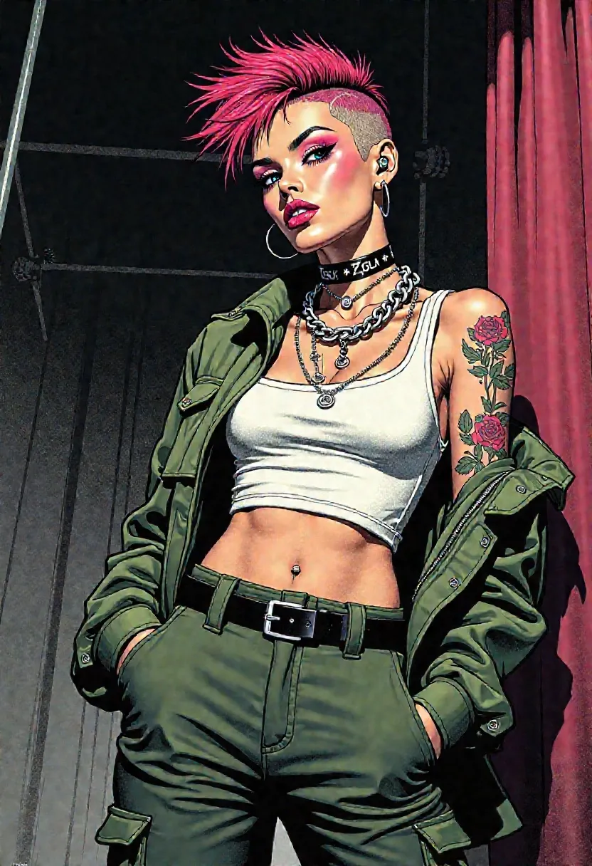 Abbi Rose, punkrock girli with itty bitty chaos and grown-ass posture, illustrated in hand-drawn realism with graphic noir contrast and pop-art edge
petite frame, fauxhawk cropped in faded magenta, razored sides and jagged pixie tufts like static frozen in motion, angular features under hard shadow, wide eyes ringed in black, neon pink lips parted in a cracked grin
bright white fitted tank top dusted with glitter and smeared makeup, clings taut across her frame
(black and green vertically striped army-style jacket:1.3), sleeves rolled high, stripe pattern bold and graphic, breaking her silhouette like poster panel lines
vector-style rose tattoos bloom across her skin in varying size and placement, sharp black and red linework, stylized like layered ink transfers on paper
dark olive green cargo pants with wide legs, clean and oversized, cinched at the waist with a black leather belt
small silver chains loop her neck, staggered and uneven, catching light like stage debris
posed in 3/4 portrait from head to mid-thigh, body angled slightly off-axis, hip tilted, expression unreadable but electric
framed on a dim sound stage with vague background scaffolding and curtain folds, noir-style lighting slices across her jaw and collarbone, bloom softens glitter detail, shadows fall heavy in stylized ink, like a graphic novel cover shot that knew she'd become myth