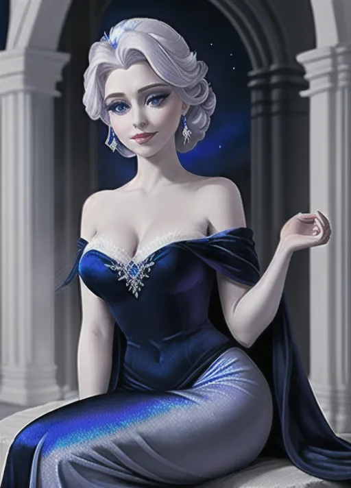 Beautiful glamorous sultry Queen Elsa of Arendelle with her sapphire eyes, purple eyeshadow, warm smile and platinum hair, in a dark blue velvet off the shoulder gown with white fur trim around the shoulders. dark blue light weight silk cape stemming from midway between her shoulders. a sprig of holly in her hair. sitting side saddle on a reindeer. photorealistic.