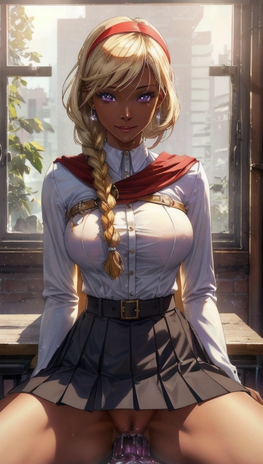 (Best Quality, high quality wide angle landscape wallpaper, High res, 8k, HDR, UHD), 1 naked mature adult woman, (a breathtaking masterpiece of extreme close up portrait of a dark skin naked adult woman sitting in a fantasy classroom sitting on dildo and lifting skirt up), (short pale blonde hair with red hairband braided to one side, intricate red and yellow military uniform:1.2),
(correct slender human anatomy with dark skin, naked and riding a dildo), ((extremely detailed purple eyes:1.38)), ((extremely detailed view of her face with happy expression:1.38)), (beautiful detailed full lips smiling seductively:1.27), (extremely zoomed in detailed view of realistic face:1.21), (perfect wet pussy dripping with cum:1.2), <lora:dpmg_riding_dildo:0.85>,
(Soft natural sunlights shining in from windows), (erotic, sexy, sitting on dildo and lifting skirt up, ethereal and radiant), five slender fingers, ((dark skin adult woman is sitting on a dildo and lifting her skirt up in a fantasy classroom with elaborate military uniform with red and yellow colours)),
Soft lighting, vivid colours, close up cinematic composition view of an naked adult woman sitting in fantasy classroom sitting on dildo and lifting skirt up, soft focus, sharp and clear image, (candid:1.1), (flat shading stylised art:1.27), <lora:dpmg_add_detail:0.45>, (physically-based ray tracing, photon mapping, photorealistic:1.35), ((high resolution masterpiece, 4K, HDR, UHD:1.45)), trending on artstation, (short pale blonde hair braided to one side),