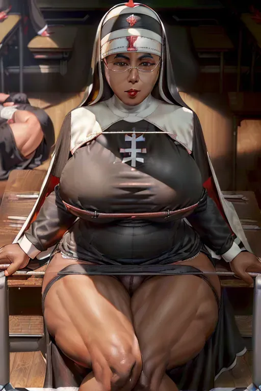 (mature black nun:1.5), (panties around ankles:1.4), (very muscular:1.7), (sitting in classroom:1.5), (enormous areola:1.7), (gargantuan enhanced tits:1.7), (naked breasts:1.4), (very red lips:1.3), masterpiece, ultra realistic, extremely detailed, CG, unity, 8k wallpaper, best quality, HDR, RAW photo