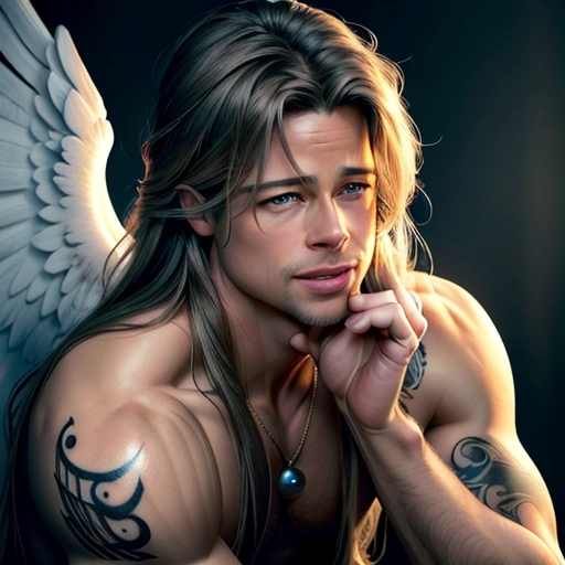 a 8k high detail photo full portrait shot, Brad Pitt, male, five slender fingers ,silky hair, Handsome face ,beautiful lips, blue eyes,curved eyebrows,curved eyelid,pale skin,satisfaction,tattoo,ultra realistic,smooth,8k,studio lighting,surreal, Angel Wings, Angelic Lighting, Love, Hope, Magic casting, Crown, Smiling, King, happy,