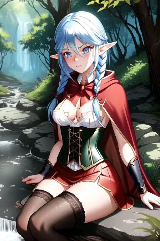Fair skin, elf woman, fantasy wizard sitting at the edge of a creek in a forest, cute face, skirt, shirt, corset, black lace stockings, red cloak, jewelry, platinum hair, braids, mid length hair, blue eyes, small boobs, ((freckles)), perfect tits, beautiful, athletic body, tattoos, serious face, beautiful face,