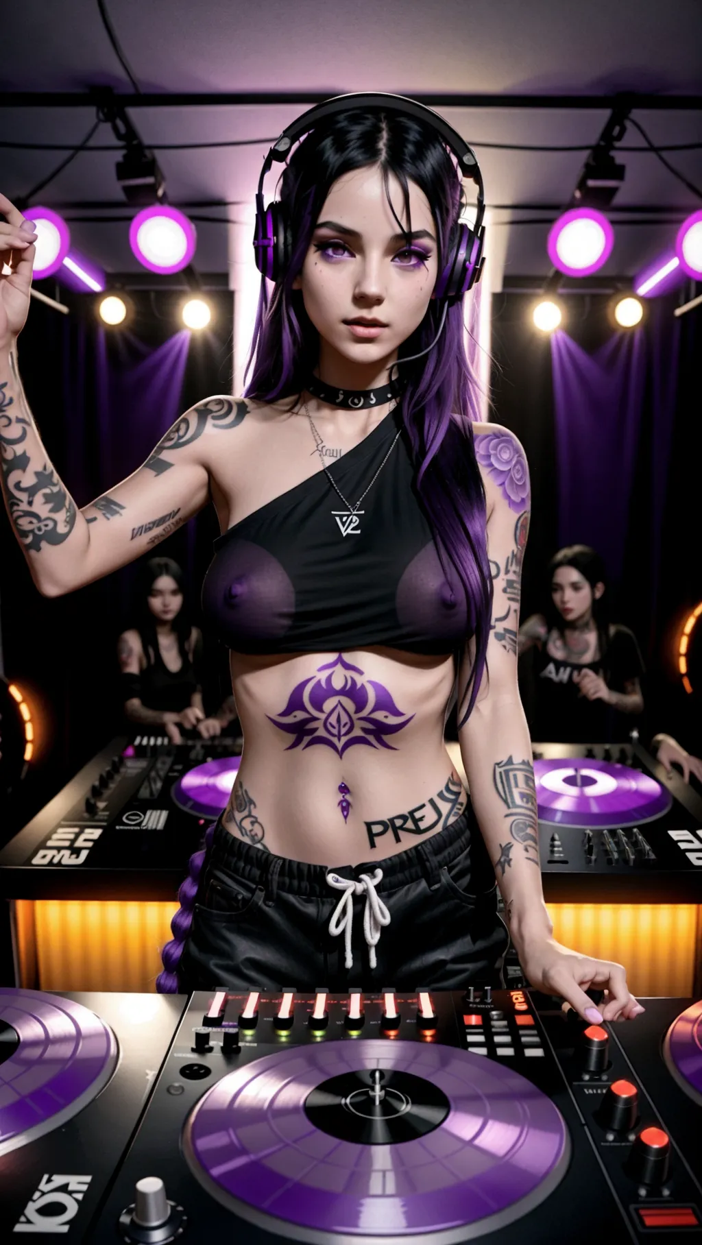 full-body image of a young hot topless barefoot punk DJ girl with an angular face and long black hair and purple nipples wearing black casual pants and headphones around her neck while spinning a DJ table with her tattooed feet at a party in front of a crowd of fully clothed people, sexy feet, purple nipples, purple nipples, purple nipples, purple nipples,