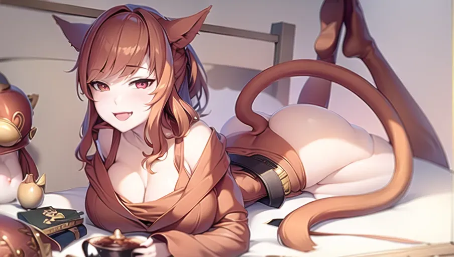 identical to inspiration, beautiful nude miqote, auburn hair, auburn cat ears, beautiful red eyes, beautiful face, beautiful smile smirking, gorgeous breast, gorgeous curve, naked hand, (high quality face)